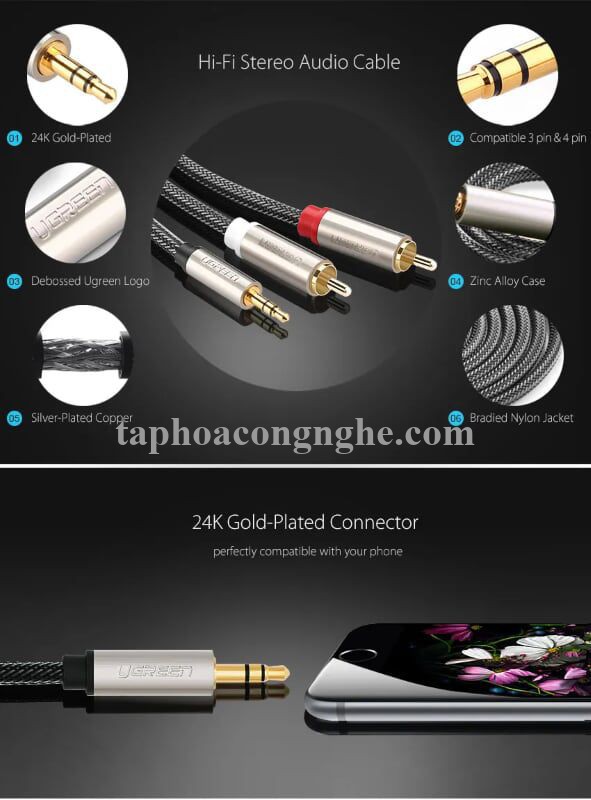 Ugreen 20820 0.5M màu Đen Cáp âm thanh 2 đầu Bông sen sang 3.5mm Dương đầu bọc nhôm mạ vàng AV135 30020820